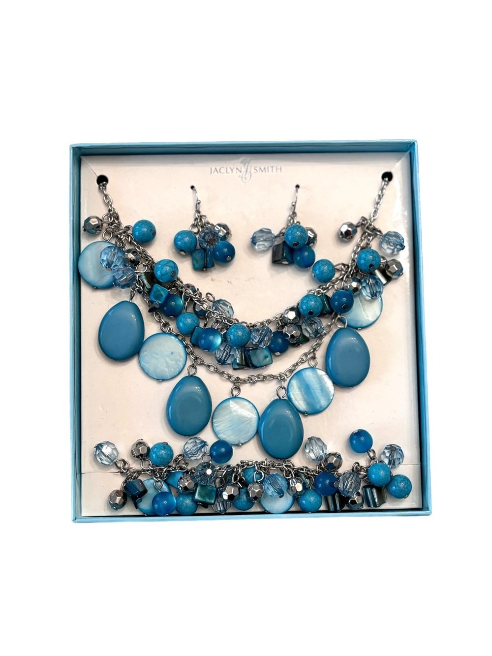 Jaclyn Smith Blue Multi-Strand Necklace, Earrings and Bracelet Set